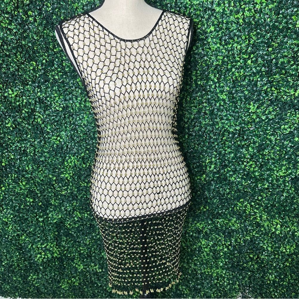 Gold Beaded Sheer Mesh Dress OS